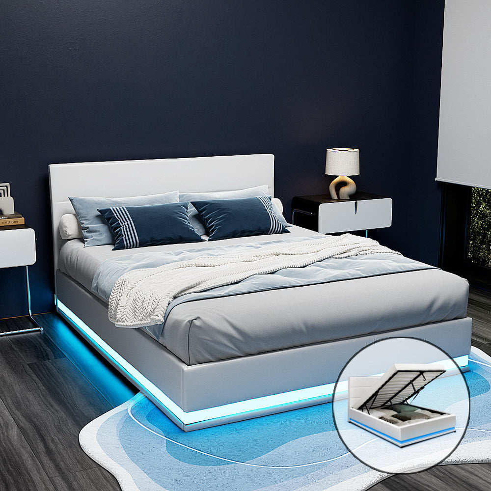 Henley Queen Gas Lift Storage Bed Frame with LED Lights – White