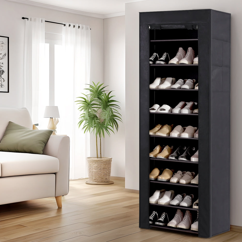 Black 10-Tier Shoe Rack: Holds 27 Pairs with Removable Cover for Easy Access