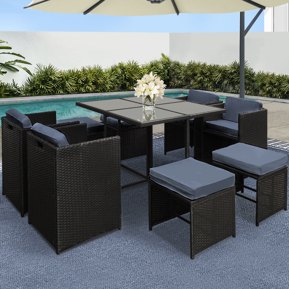 9 Piece Hawaii Series Wicker Outdoor Dining Set (Black & Grey)