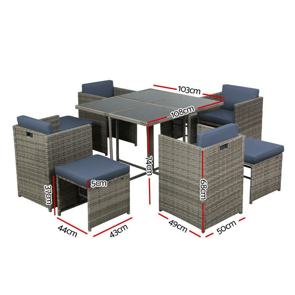 9 Piece Wicker Outdoor Dining Table Set - Grey