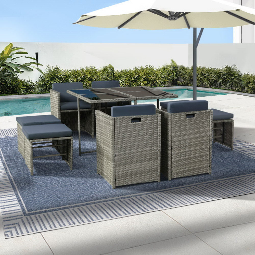 9 Piece Wicker Outdoor Dining Table Set - Grey