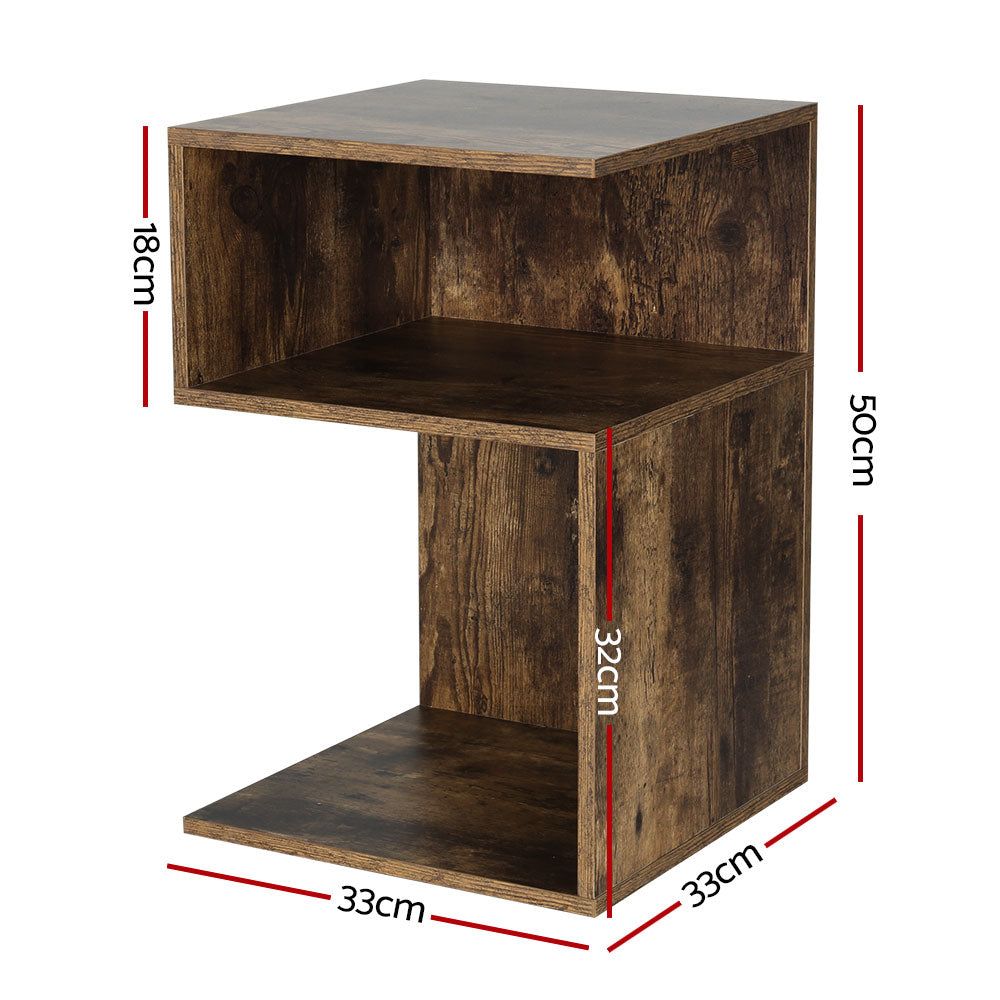 S-Shaped Rustic Oak Bedside Table with 2 Shelves