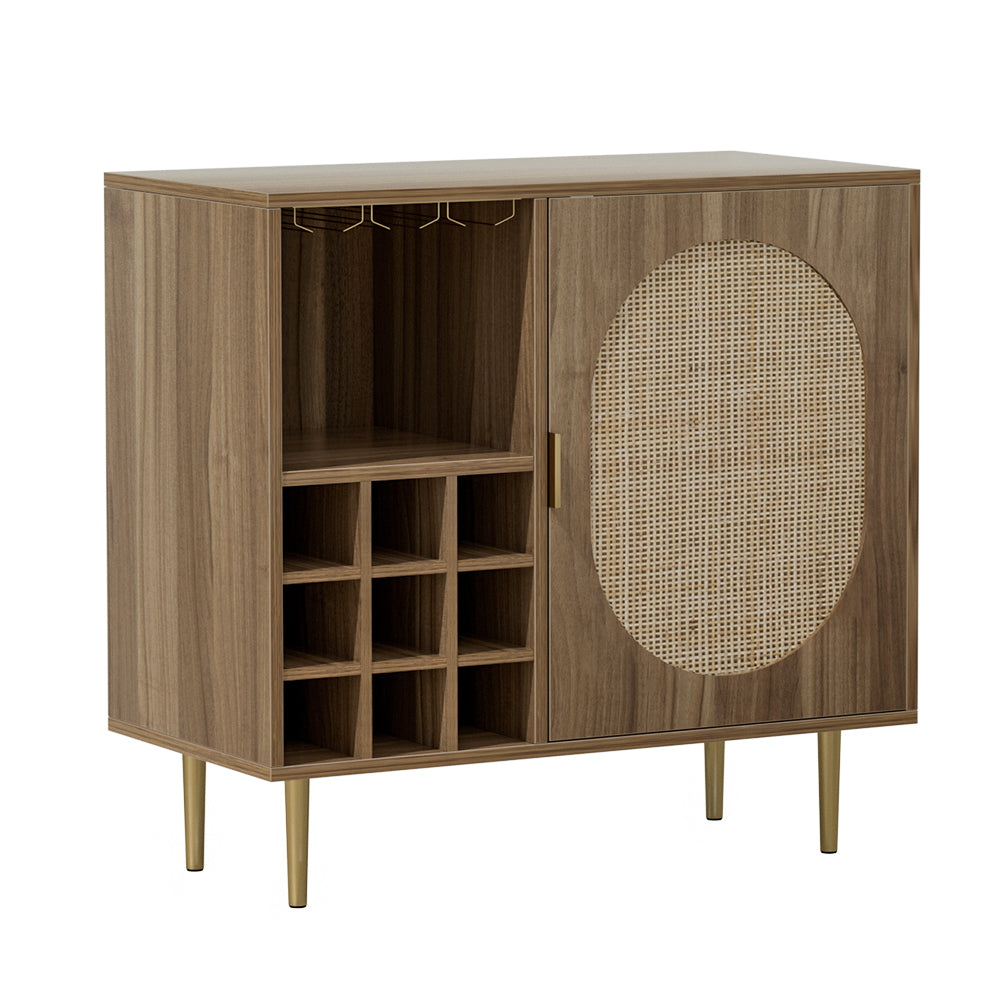 Rattan Buffet Sideboard Storage With Wine Rack Dark Oak