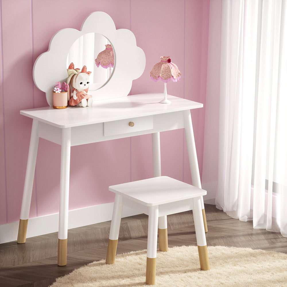 Kids Vanity Makeup Dressing Table Chair Set Wooden Mirror Drawer White