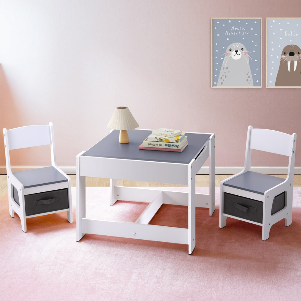 Kids Table and Chairs Set Play Activity Toys Storage Chalkboard Desk Grey