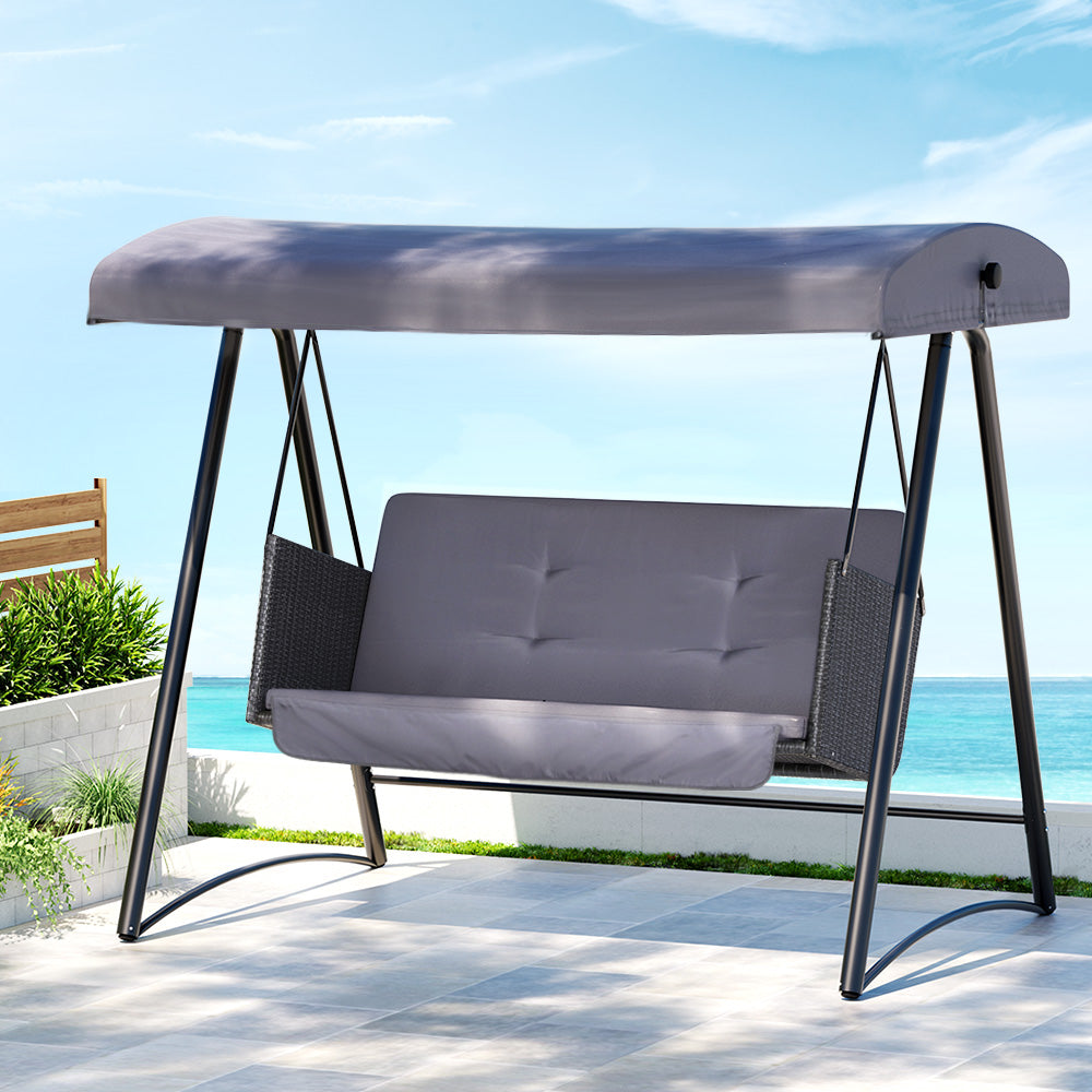 3 Seater Outdoor Rattan Swing Chair with Canopy Grey