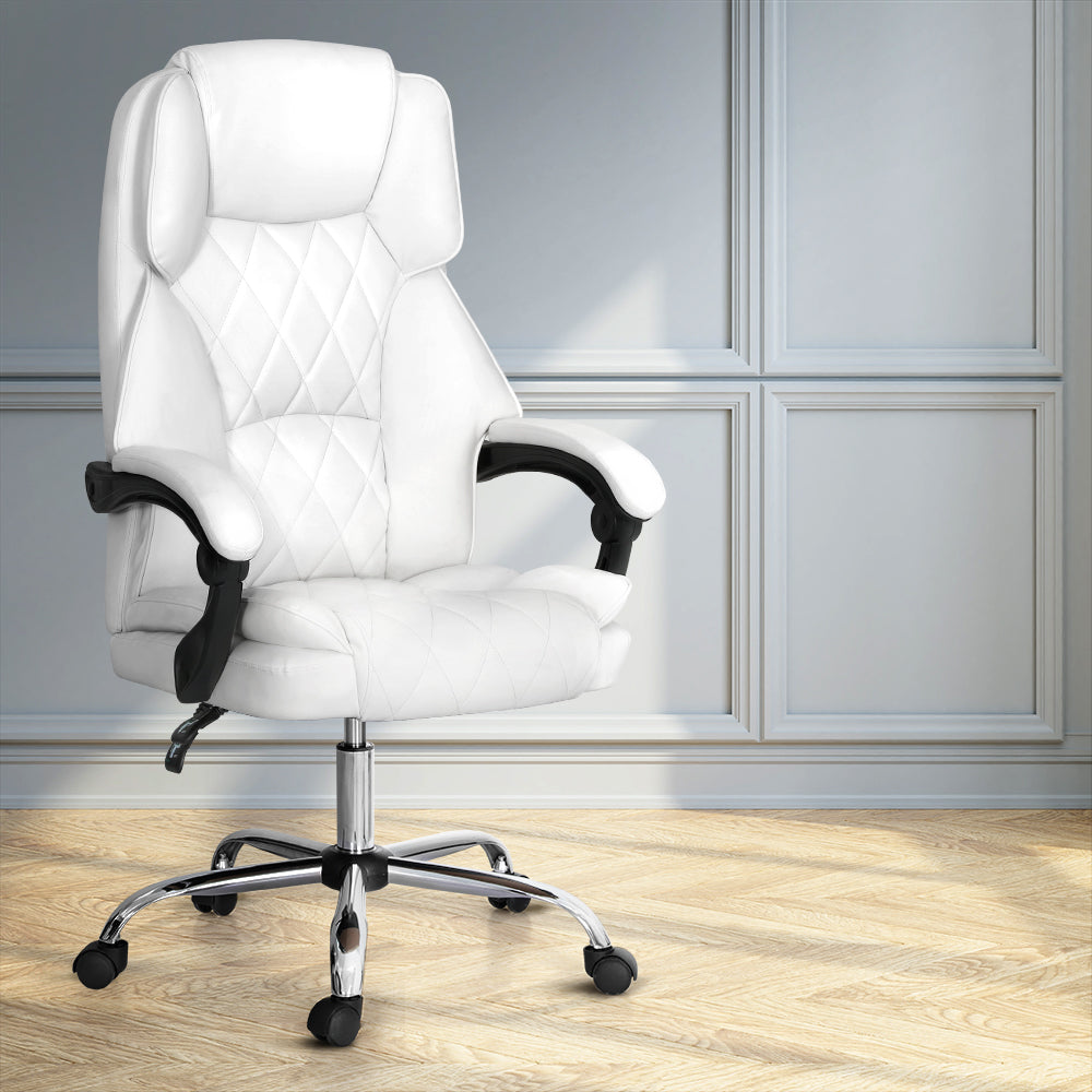 Executive Leather Recliner Office Chair with Chrome Base - White