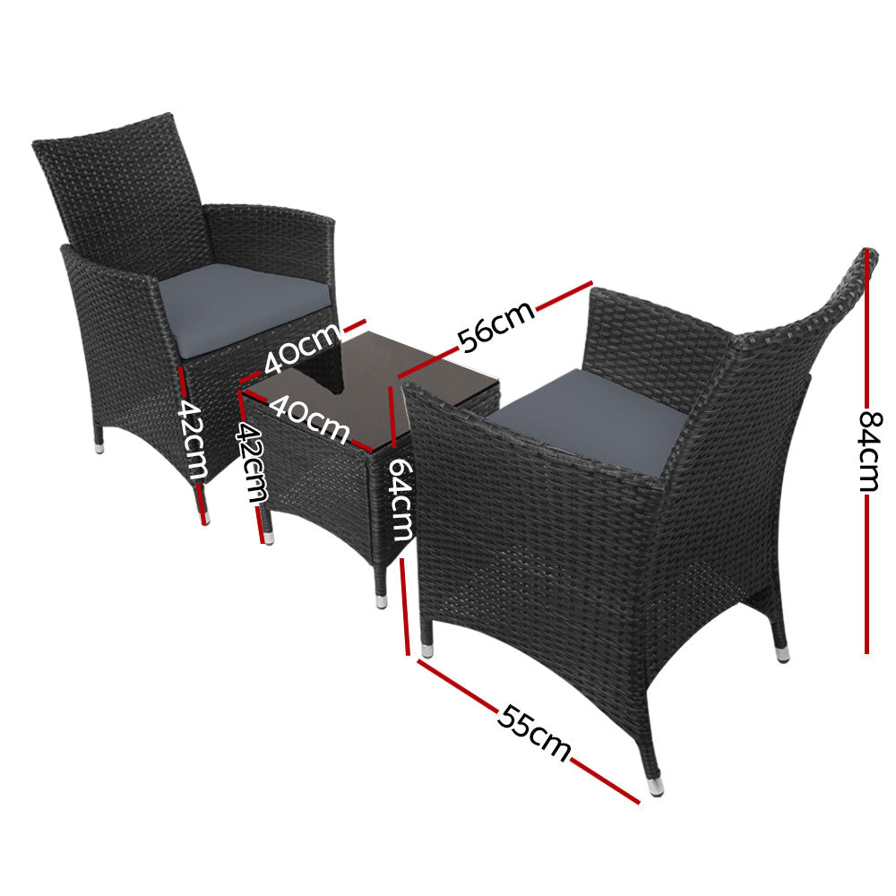 3pc Black Bistro Wicker Outdoor Furniture Set