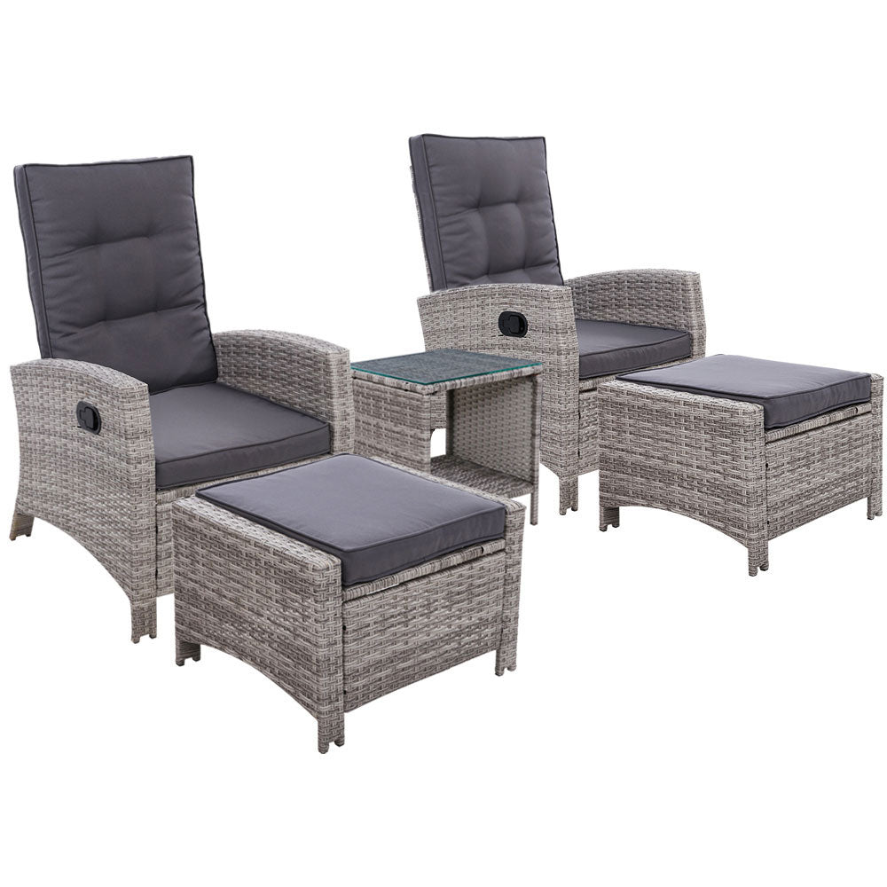 5 Piece Wicker Recliner Chairs and Table Package with Ottomans (Grey)
