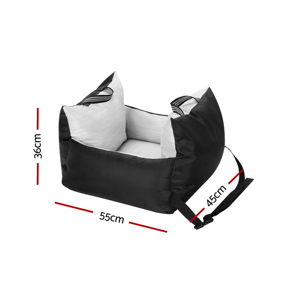 Dog Car Seat Booster Bed with Waterproof Cover, Non-Slip Belt - Black and Grey