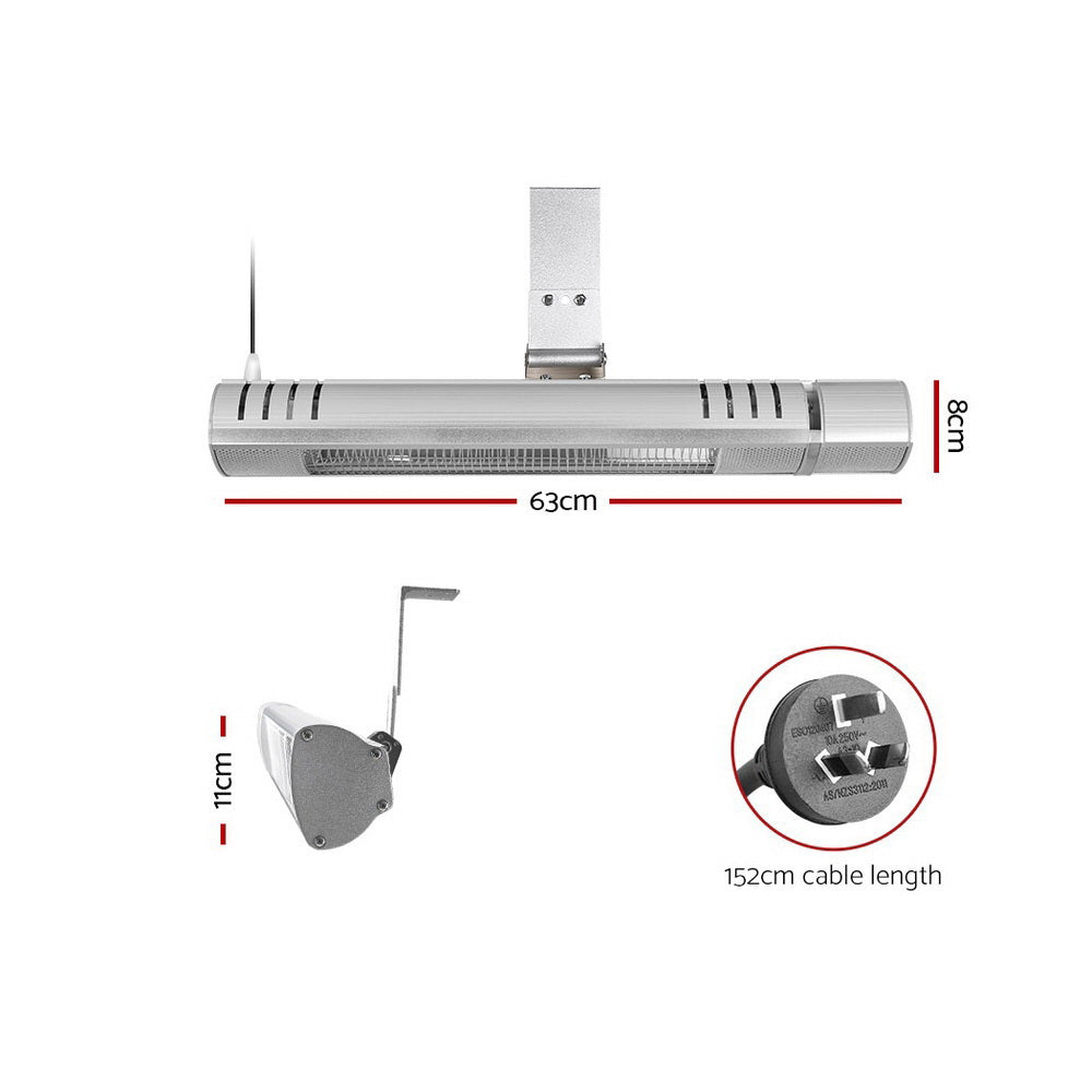 Electric Infrared Radiant Strip Heater 2000W with Remote Control - Silver