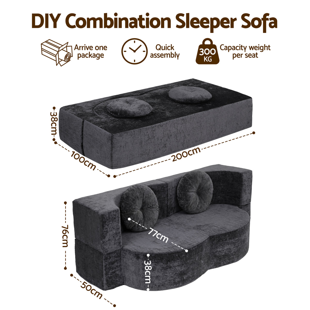 2 in 1 Convertible Boneless Folding Sofa Bed with High Density Sponge and 2 Pillows - Grey