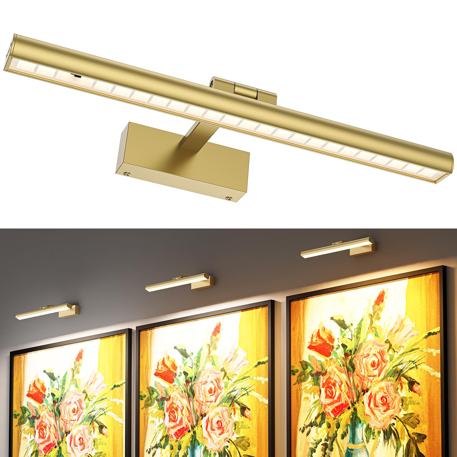 Wireless Rechargeable 16in Battery Operated Picture Light with Remote Dimmable Timer for Wall Art - Gold