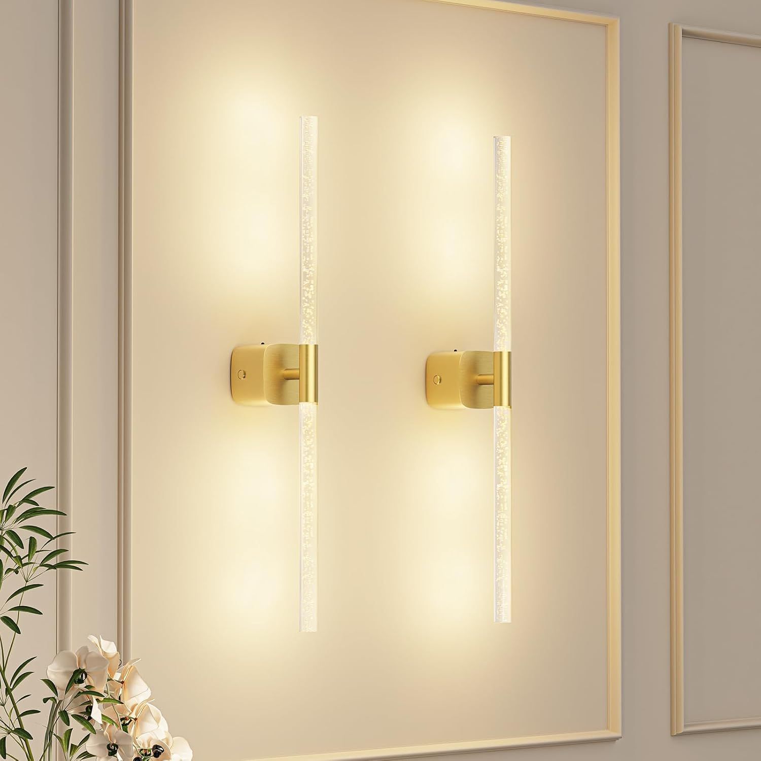 23.62 Inch Rechargeable Battery Operated Wall Sconce Set of 2 with Remote and Touch - Gold