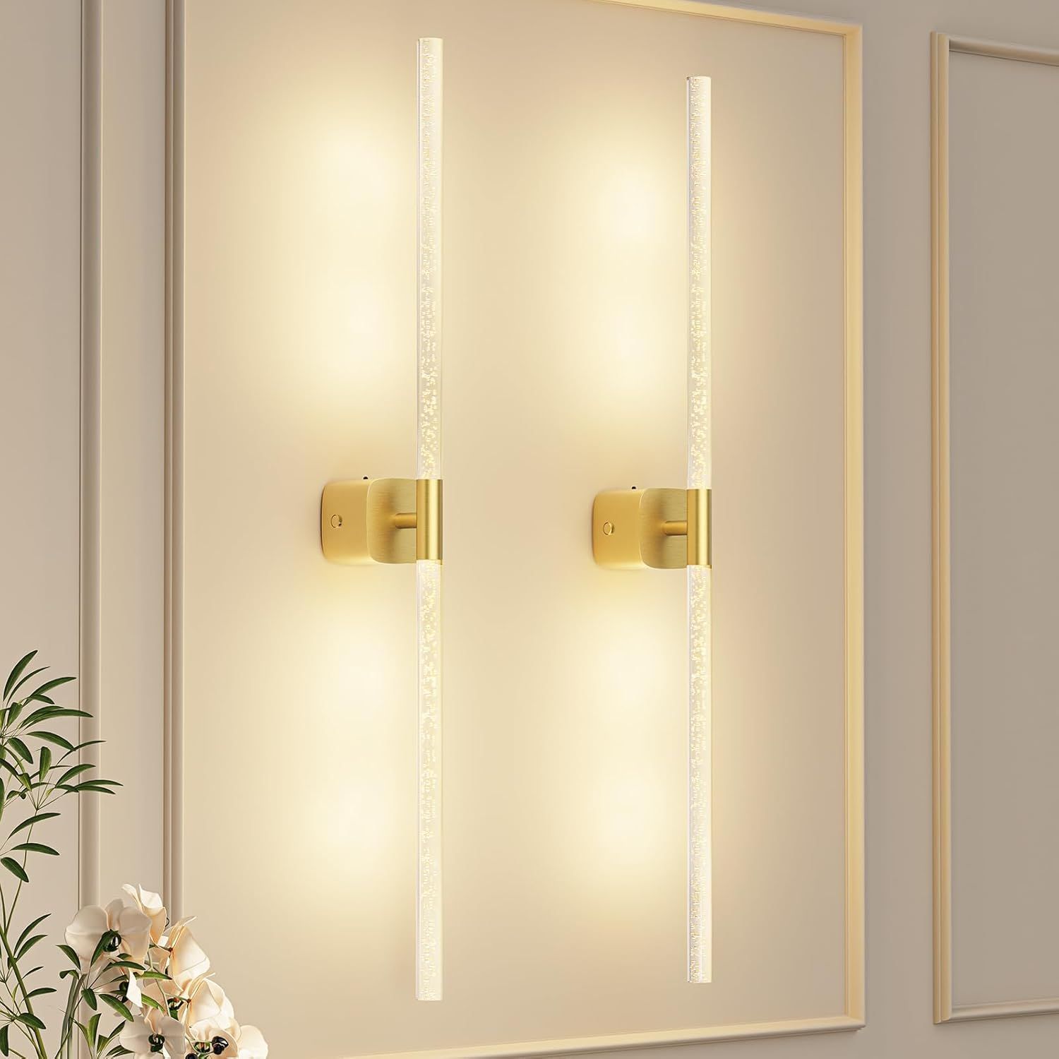 Battery Operated 31.49 Inch Rechargeable Wall Sconce Set of 2 with Remote and Touch, 360Β° Rotatable - Gold