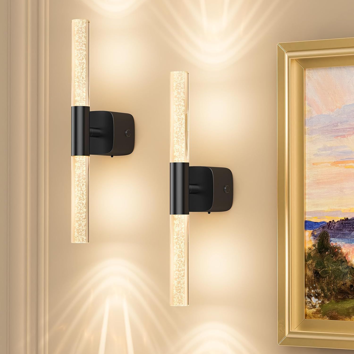 Rechargeable Battery Operated Crystal Wall Sconce Set of 2 16" Dimmable CCT 350° Rotate with Remote - Black
