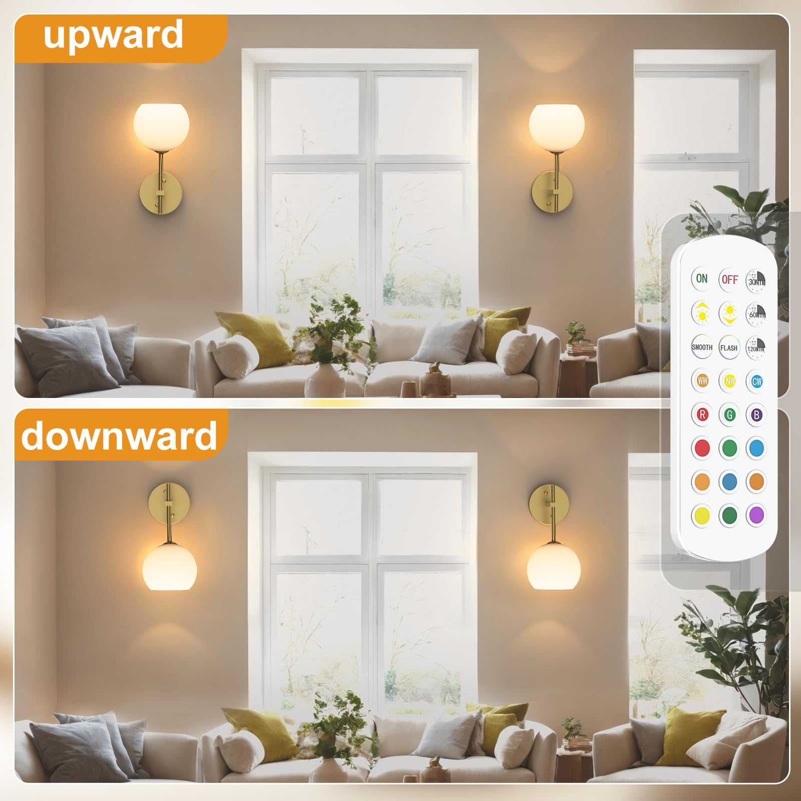 Rechargeable Battery Operated Indoor Wall Light with Remote, 3 Color Modes & RGB, Frosted Glass Wall Lamp 2 Pack - Gold