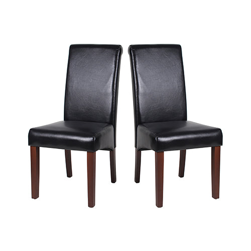 Set of 2 Wooden Frame Dining Chairs with Black Leatherette Upholstery and Solid Pine Legs