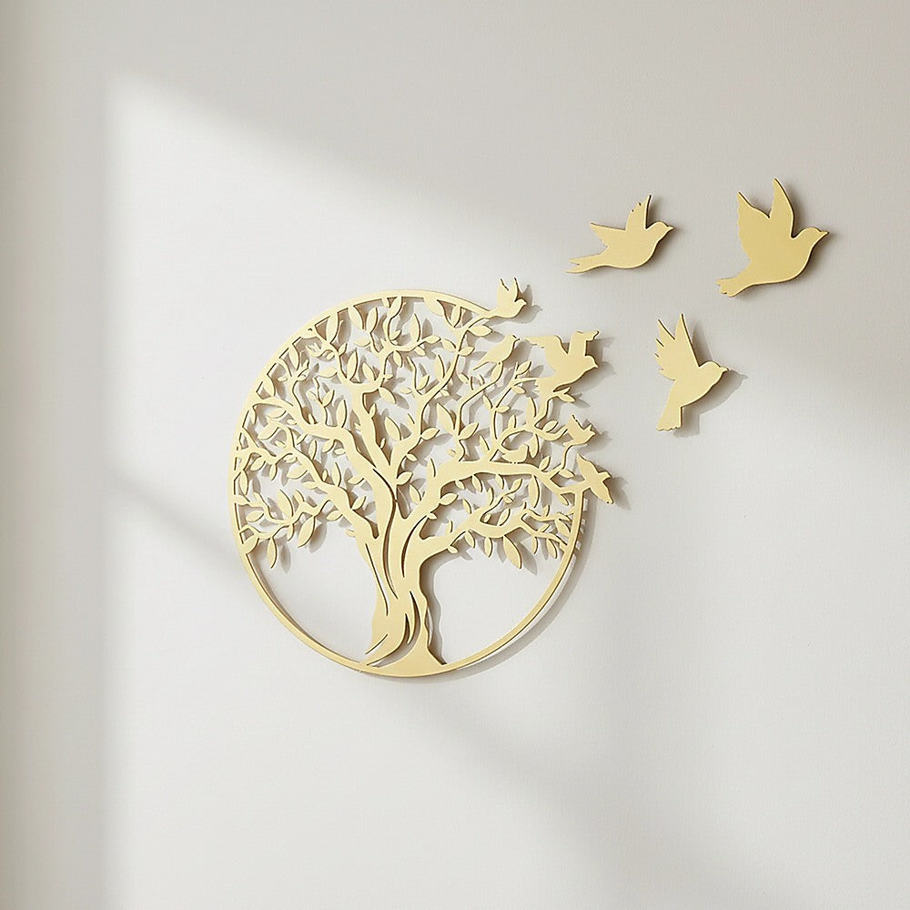 Tree of Life Metal Wall Art with 7 Flying Birds Sculpture 30x49cm - Gold