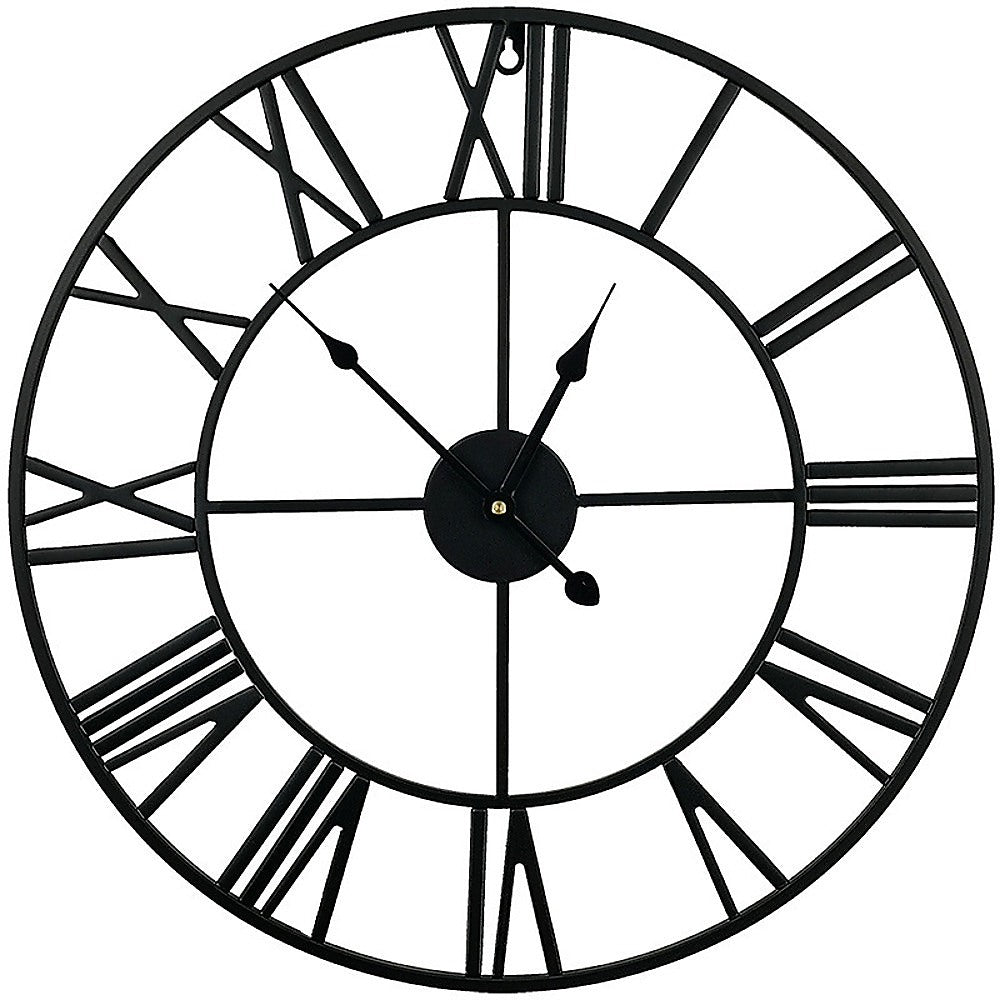 60cm Industrial Large Round Wall Clock with Roman Numerals - Black & Gold
