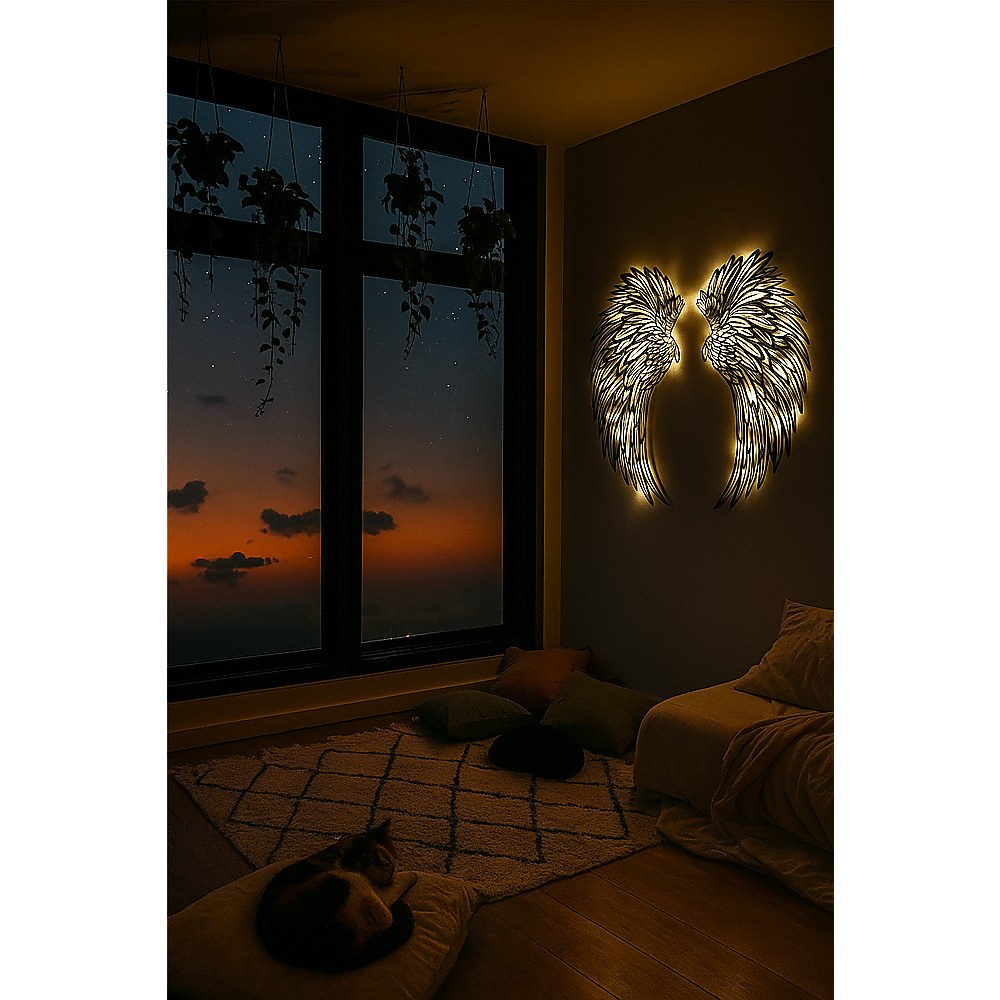 LED Angel Wing Metal Wall Art Wrought Iron Wings Sculpture with Fairy Lights - Vintage Finish