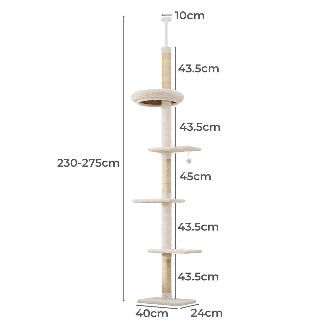 Adjustable 230 - 275cm Cat Tree Tower Scratching Post with Hanging Toy - Beige - Rivercity House & Home Co. (ABN 18 642 972 209) - Affordable Modern Furniture Australia