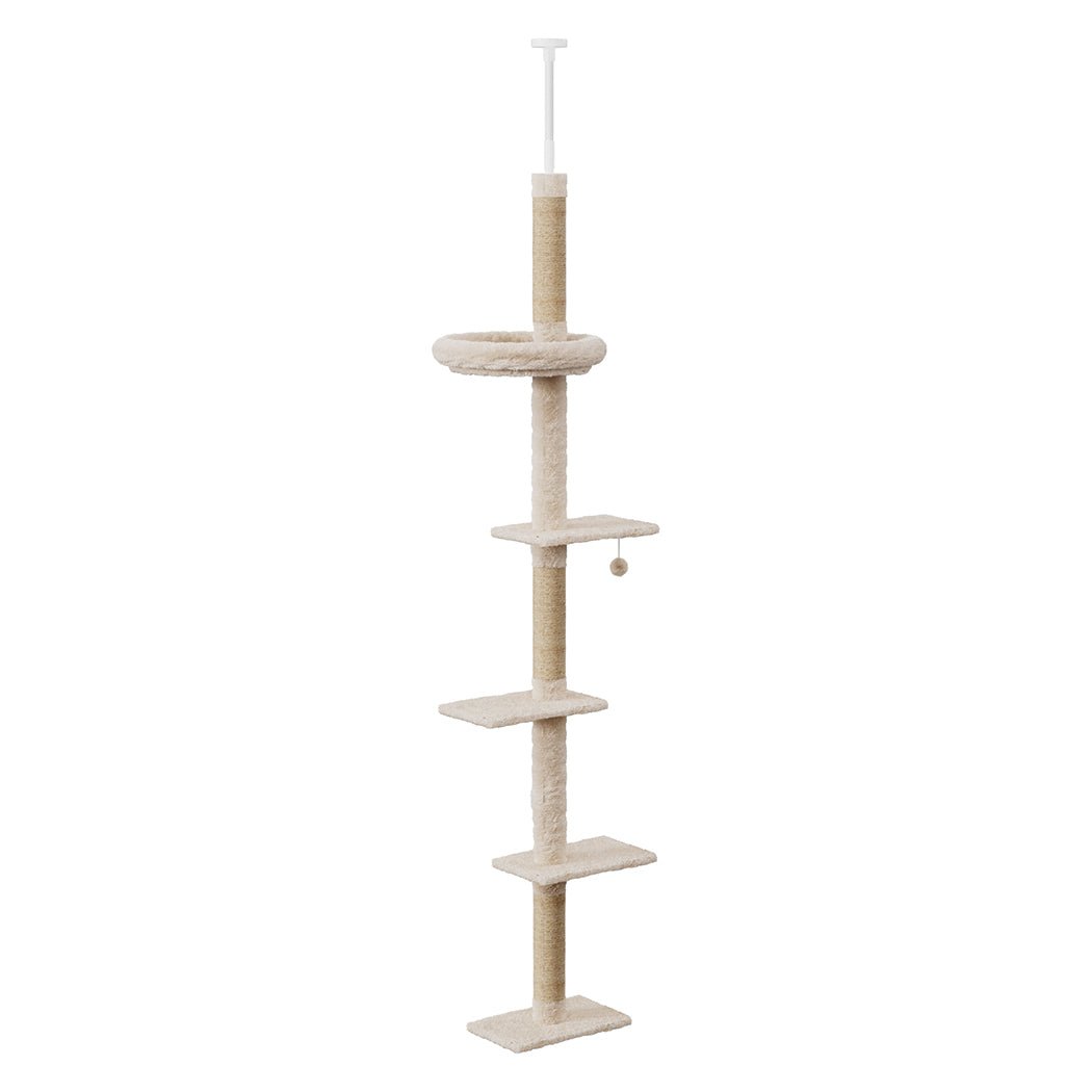 Adjustable 230 - 275cm Cat Tree Tower Scratching Post with Hanging Toy - Beige - Rivercity House & Home Co. (ABN 18 642 972 209) - Affordable Modern Furniture Australia