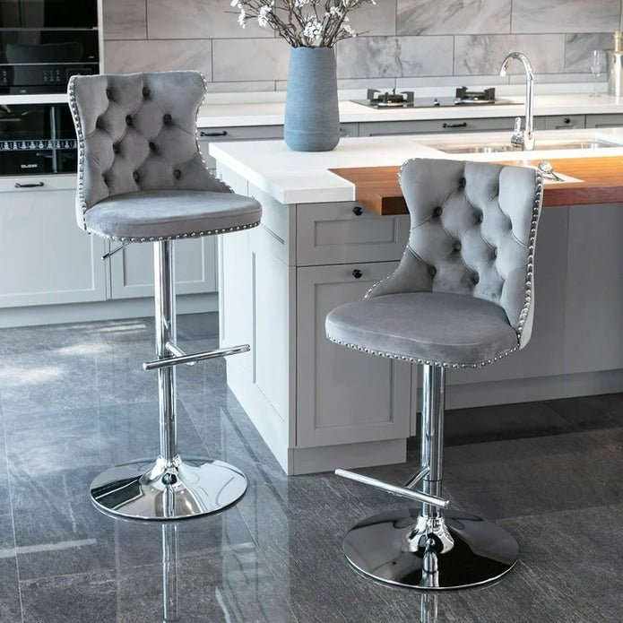 Adjustable Grey Velvet Swivel Bar Stools with Tufted Back and Nailhead Trim, 2 - Pack - Grey - Furniture > Bar Stools & Chairs > Table & Bar Stools - Rivercity House & Home Co. (ABN 18 642 972 209) - Affordable Modern Furniture Australia