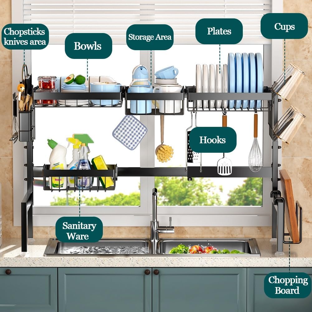 Adjustable Over the Sink Dish Drying Rack with Utensil Holder, Hooks & Cutting Board Rack for Kitchen Counter Storage - Home & Garden > DIY > Kitchen & Bathroom DIY - Rivercity House & Home Co. (ABN 18 642 972 209) - Affordable Modern Furniture Australia