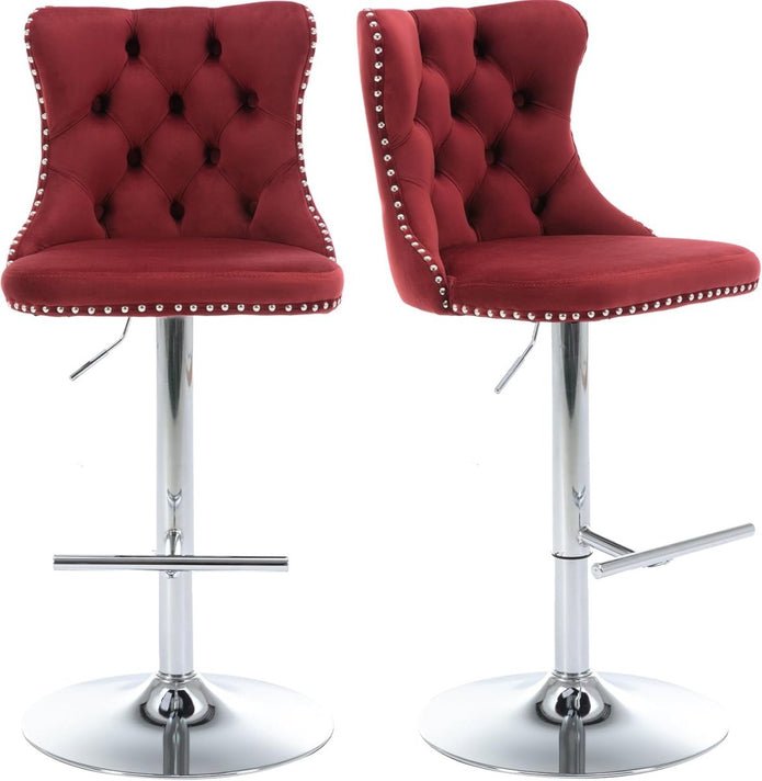Adjustable Swivel Red Velvet Bar Stools with Tufted Back and Nailhead Trim, Counter Height, 2 - Pack - Chrome Metal - Furniture > Bar Stools & Chairs > Table & Bar Stools - Rivercity House & Home Co. (ABN 18 642 972 209) - Affordable Modern Furniture Australia