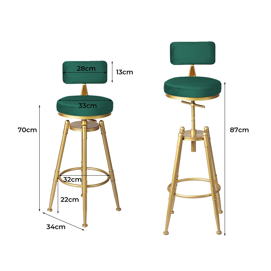 Adjustable Velvet Bar Stool with Swivel and Footrest - Green - Rivercity House & Home Co. (ABN 18 642 972 209) - Affordable Modern Furniture Australia