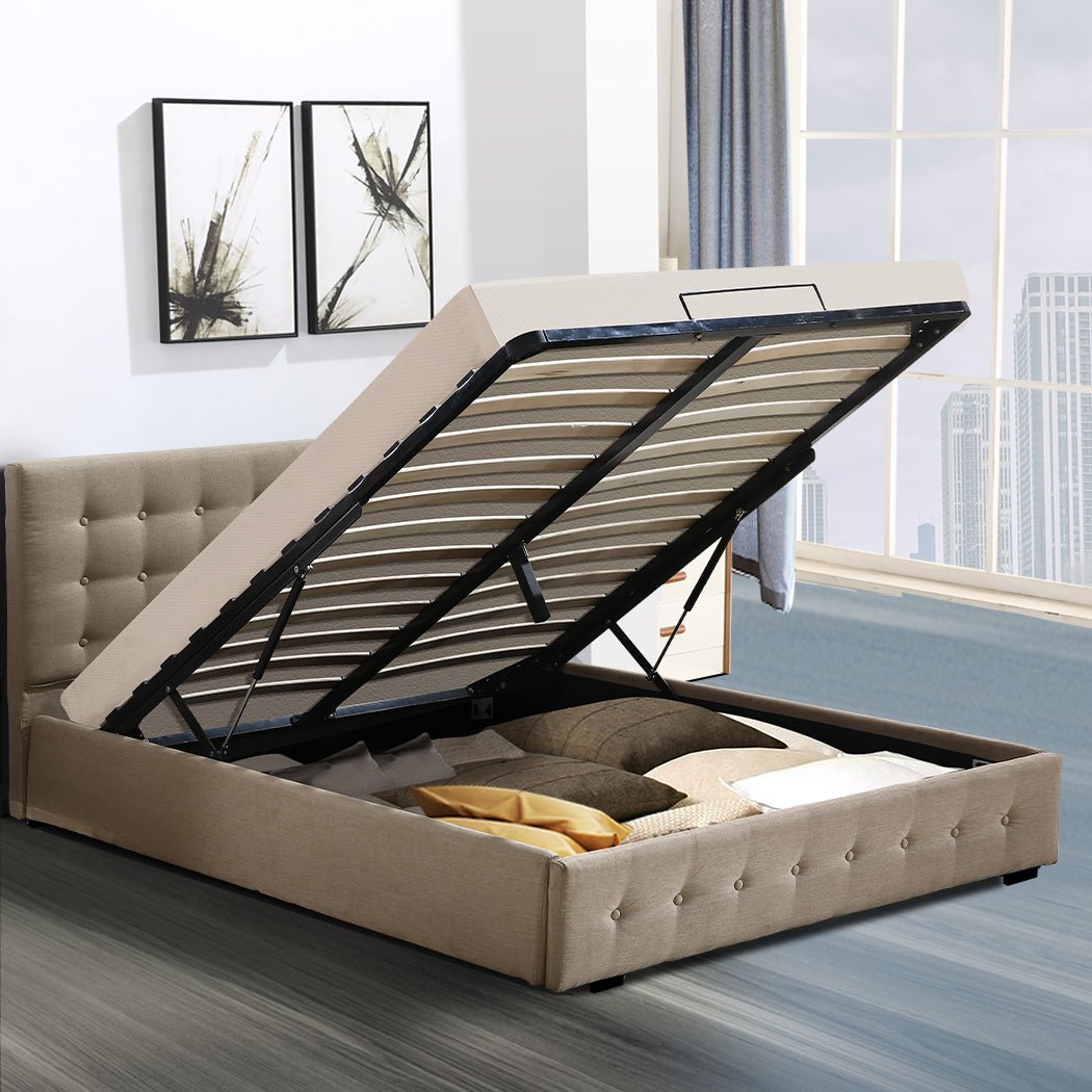 Altera Gas Lift Storage Double Bed Frame – Beige - Rivercity House & Home Co. (ABN 18 642 972 209) - Affordable Modern Furniture Australia