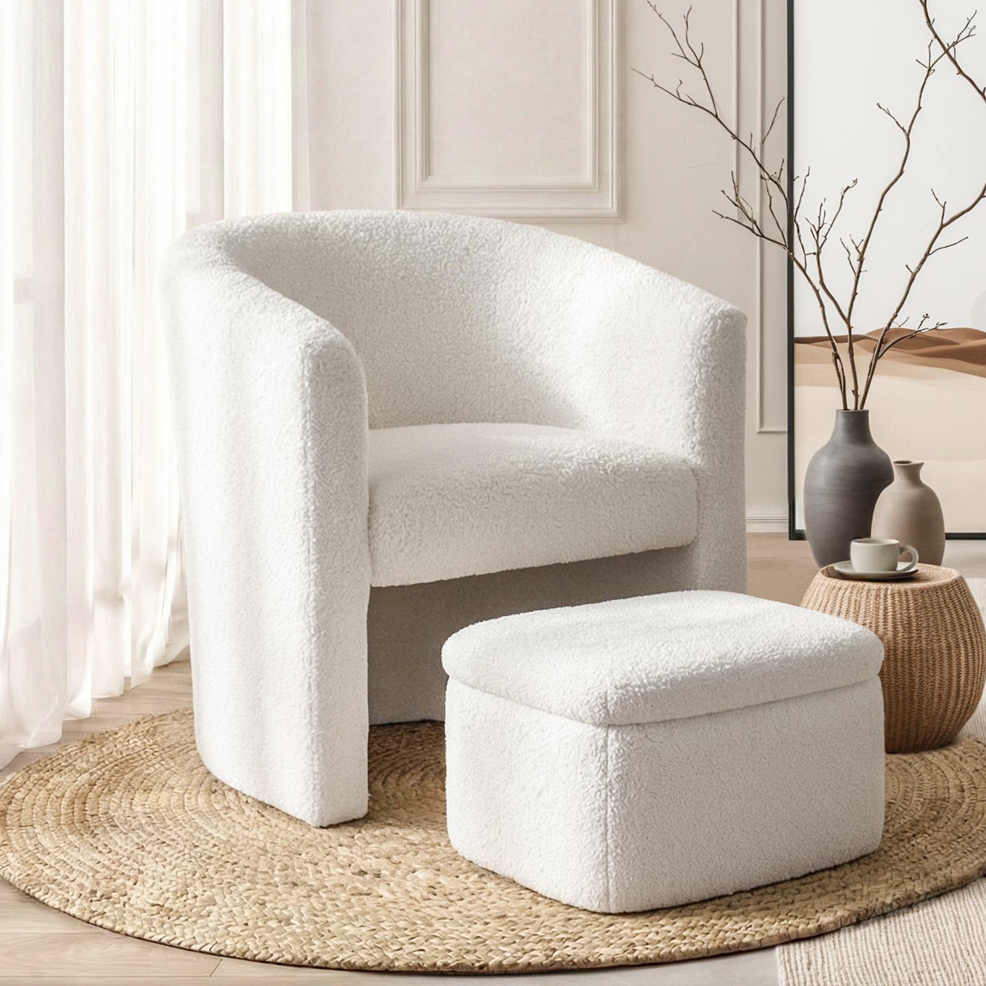 Armchair Accent Chair w/Ottoman Lounge Footrest Storage Boucle White - Furniture > Bar Stools & Chairs > Arm Chairs & Recliners - Rivercity House & Home Co. (ABN 18 642 972 209) - Affordable Modern Furniture Australia