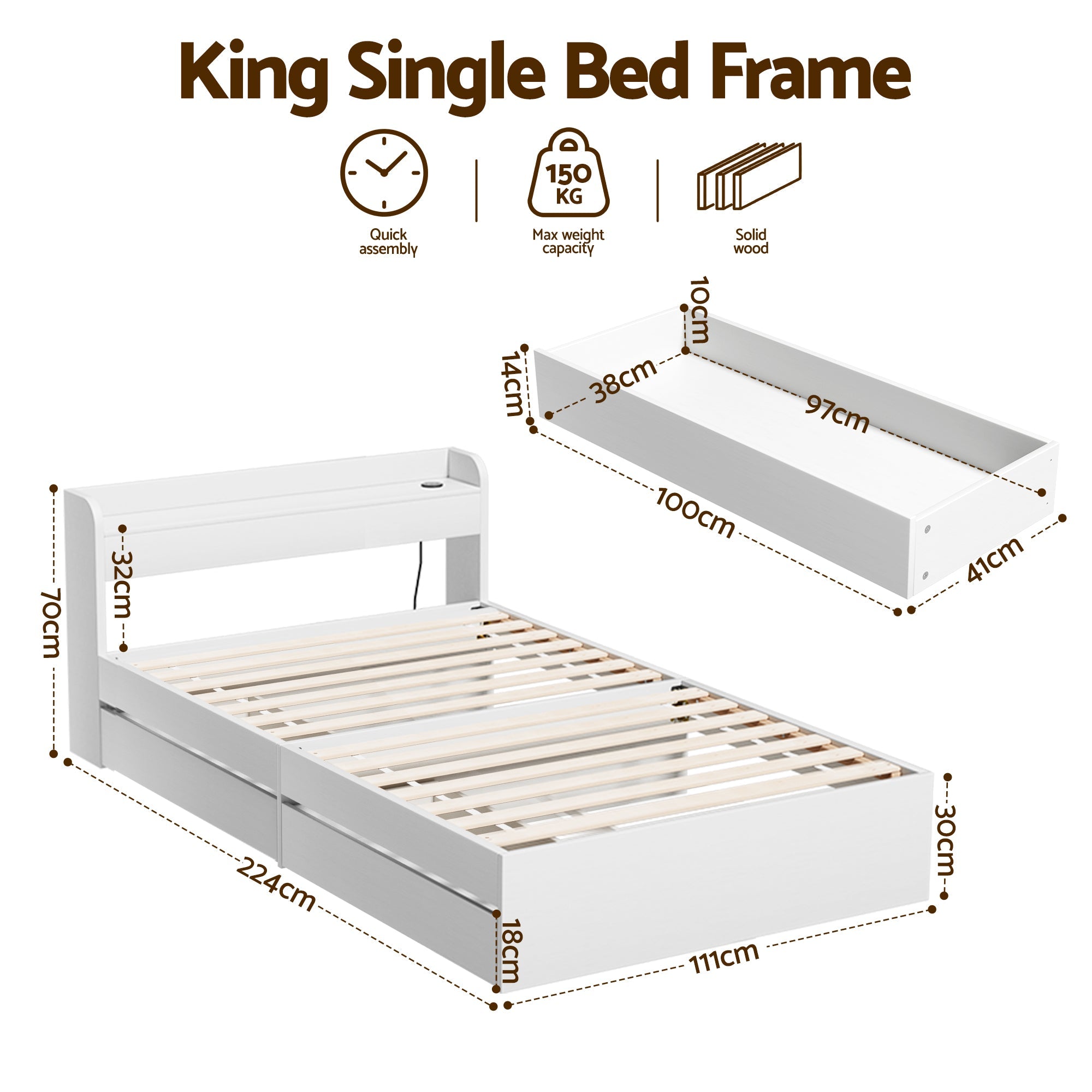 Aura Single Bed Frame with Charging Ports & 2 Drawers - White - Furniture > Bedroom > Beds & Bed Frames - Rivercity House & Home Co. (ABN 18 642 972 209) - Affordable Modern Furniture Australia