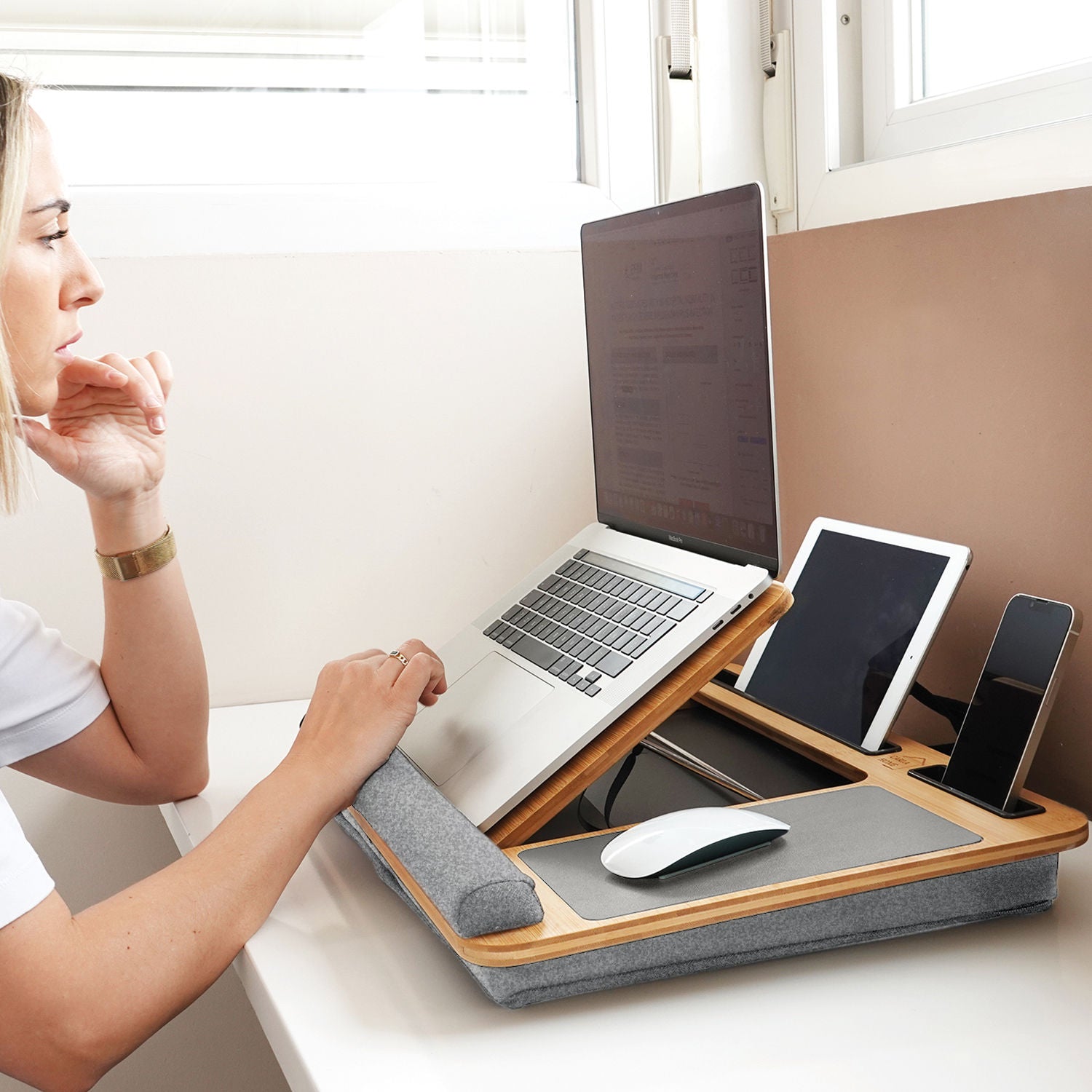 Bamboo Laptop Lap Desk with Cushion and Angle Adjustable for Office and Home - Electronics > Computer Accessories > Laptop Stands - Rivercity House & Home Co. (ABN 18 642 972 209) - Affordable Modern Furniture Australia