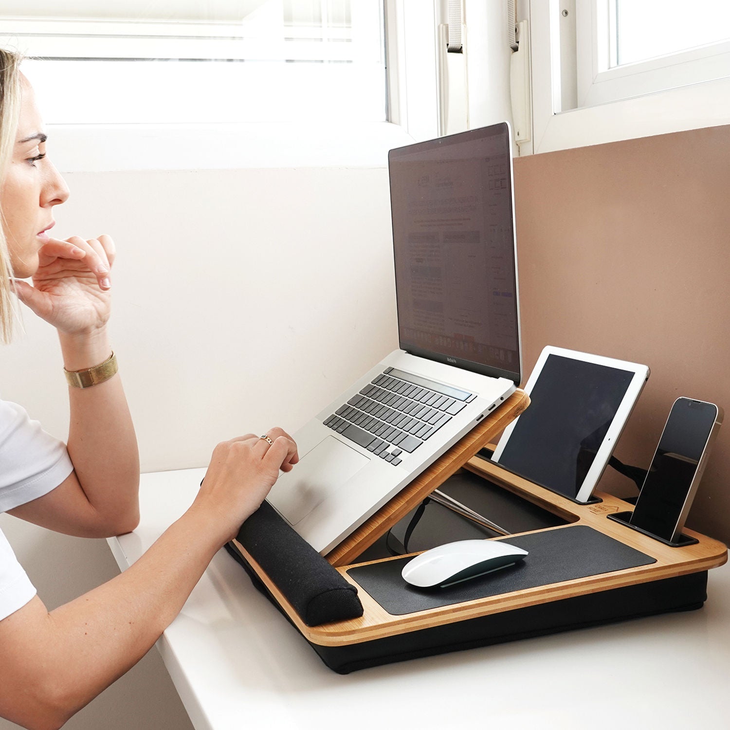 Bamboo Laptop Lap Desk with Cushion, Angle Adjustable and Sleeve Case Bag for Office and Home - Electronics > Computer Accessories > Laptop Stands - Rivercity House & Home Co. (ABN 18 642 972 209) - Affordable Modern Furniture Australia