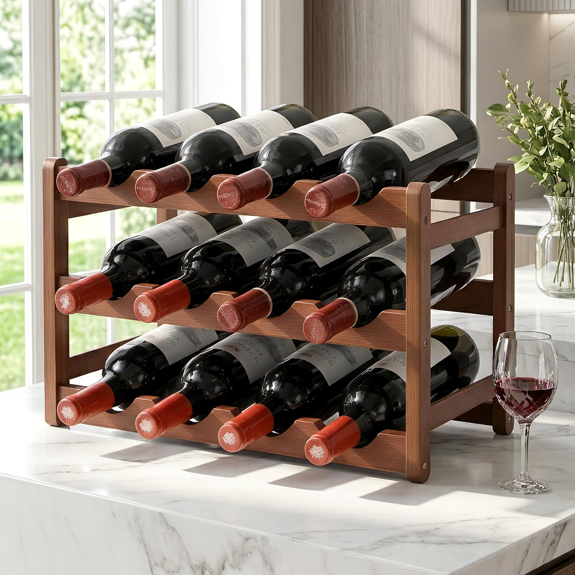 Bamboo Wine Rack 3 - Tier Display Storage Organizer 12 Bottle Walnut - Furniture > Dining > Wine Racks - Rivercity House & Home Co. (ABN 18 642 972 209) - Affordable Modern Furniture Australia