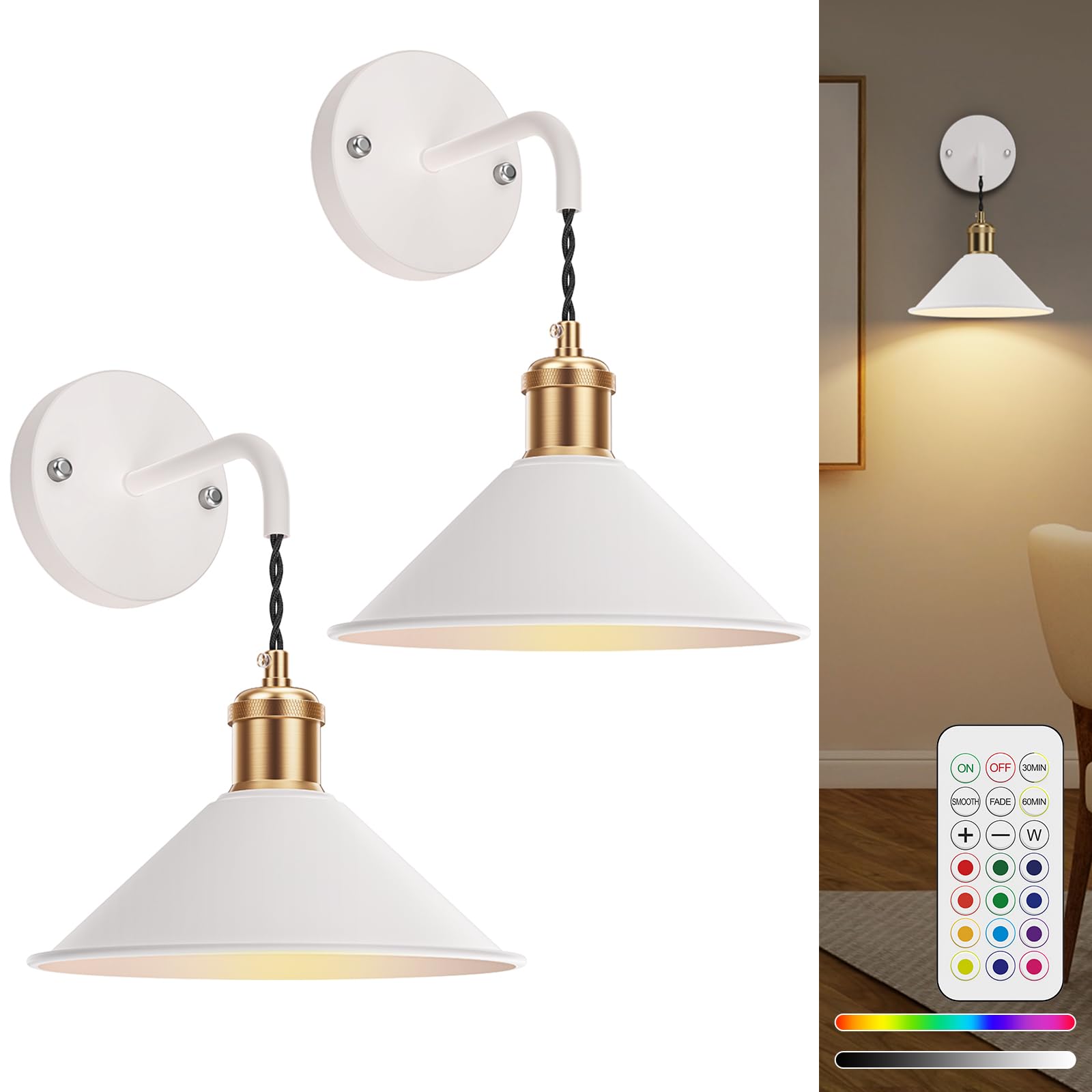 Battery Operated Wireless Wall Sconce Set of 2 with 13 RGB Colors, Dimmable Remote, Timer & Memory Function - Multi-Color - Home & Garden > Lighting > Wall Lights - Rivercity House & Home Co. (ABN 18 642 972 209) - Affordable Modern Furniture Australia