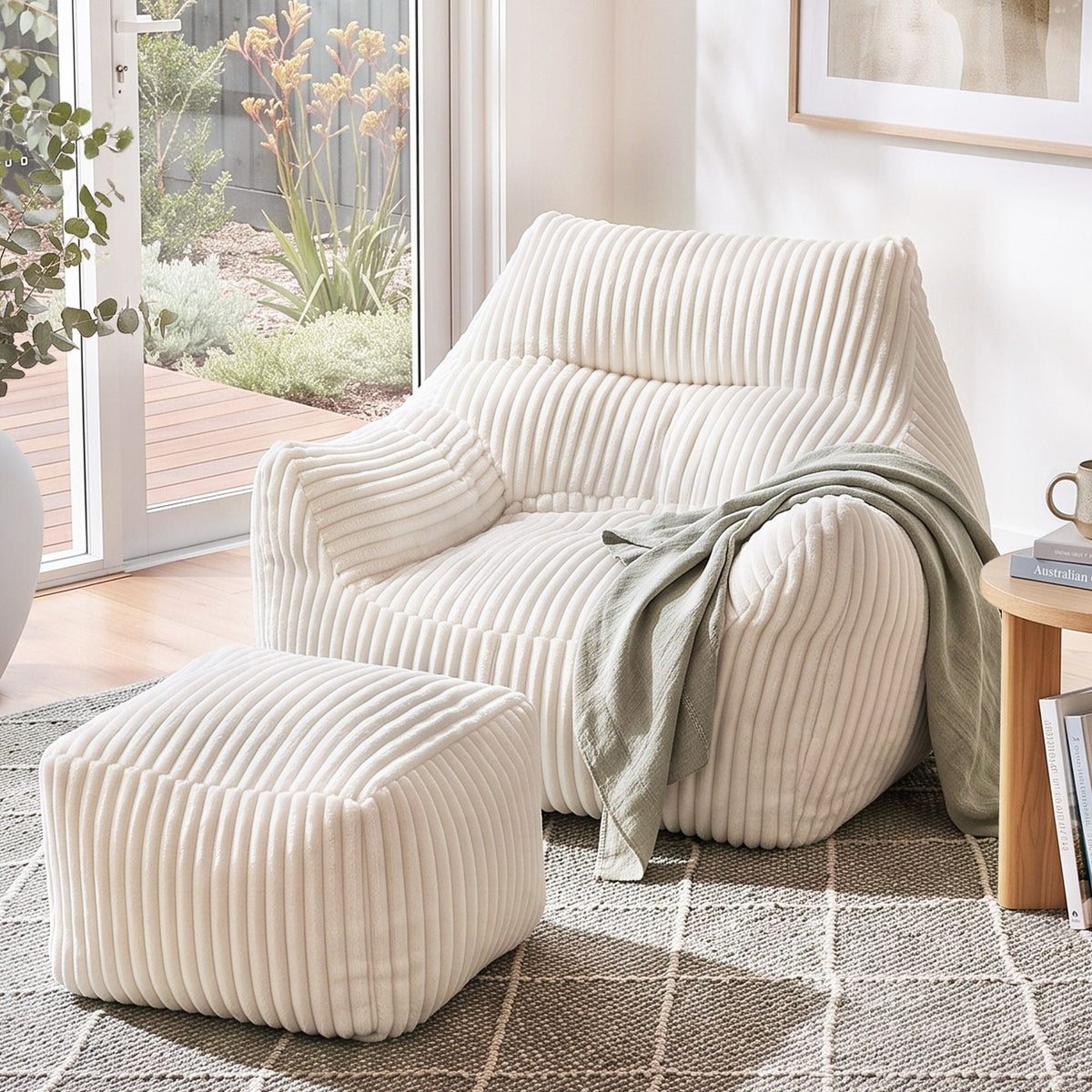 Bean Bag Sofa w/Ottoman Corduroy for Adults Teens White - Furniture > Sofas > Sofas & Sofa Beds - Rivercity House & Home Co. (ABN 18 642 972 209) - Affordable Modern Furniture Australia