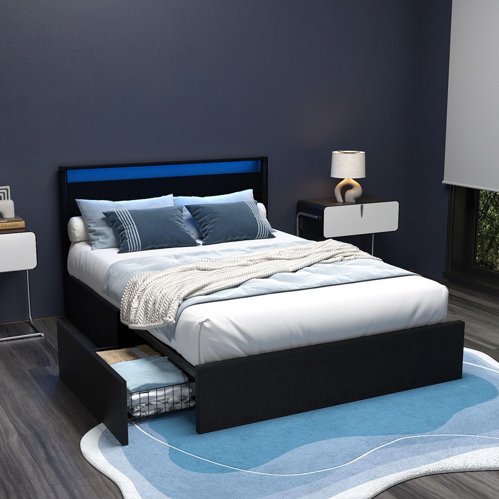 Bed Frame Double Size LED with 4 Drawers Black DUNN - Furniture > Bedroom > Beds & Bed Frames - Rivercity House & Home Co. (ABN 18 642 972 209) - Affordable Modern Furniture Australia