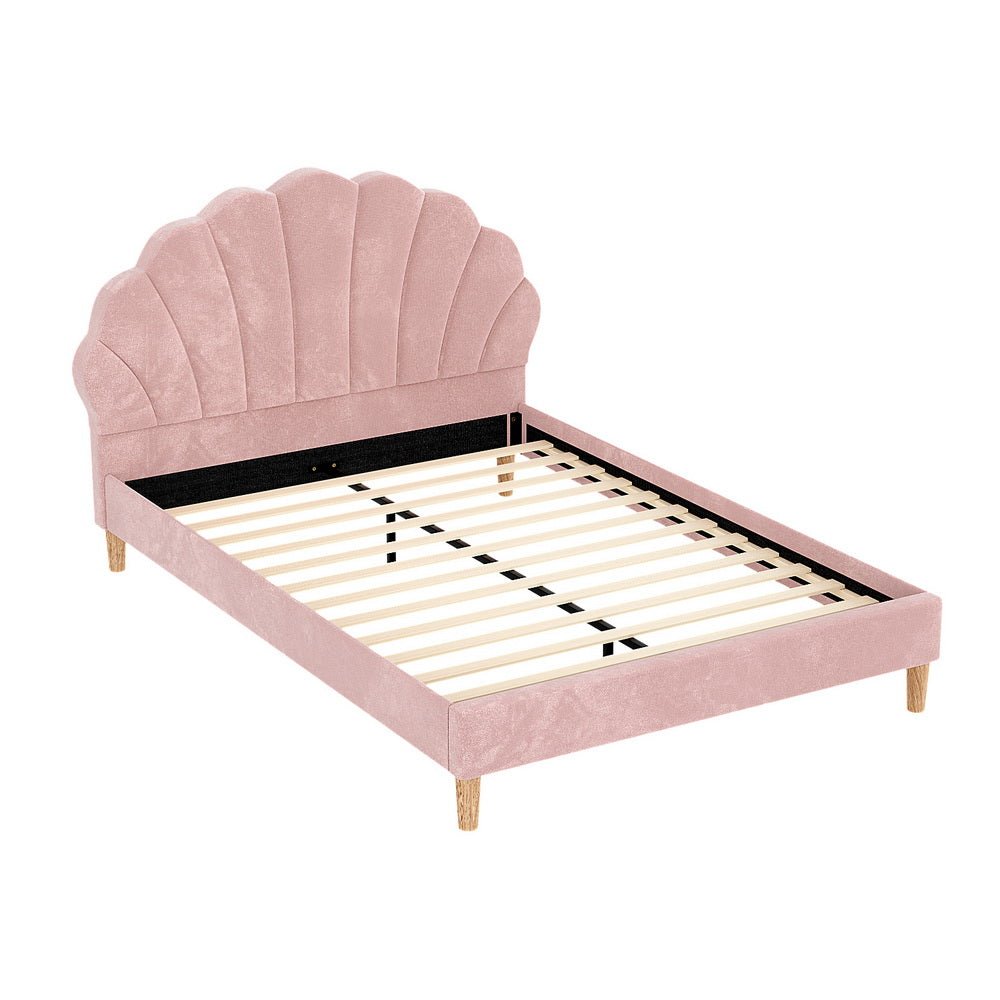 Bed Frame Double Size Scallop - Shape Bedhead Beds Base Pink Velvet Fabric - Furniture > Bedroom > Beds & Bed Frames - Rivercity House & Home Co. (ABN 18 642 972 209) - Affordable Modern Furniture Australia