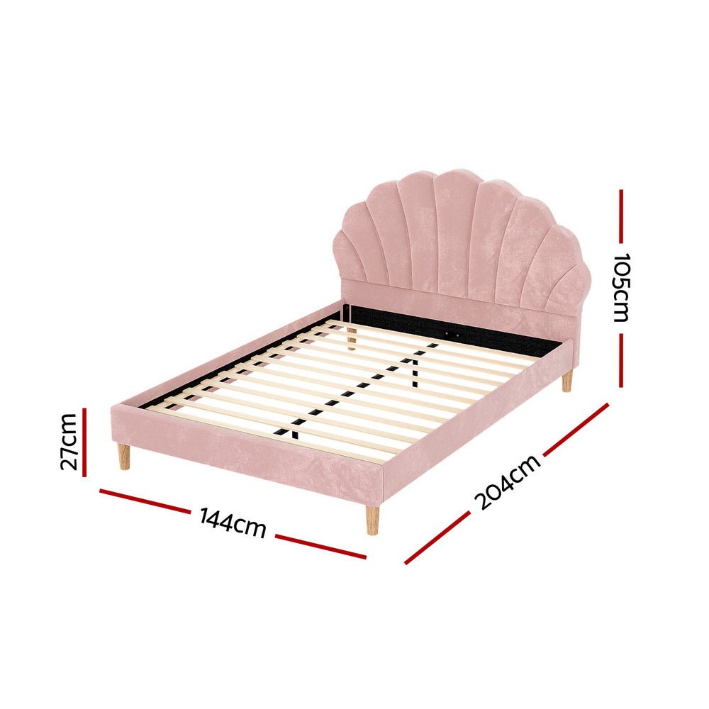Bed Frame Double Size Scallop - Shape Bedhead Beds Base Pink Velvet Fabric - Furniture > Bedroom > Beds & Bed Frames - Rivercity House & Home Co. (ABN 18 642 972 209) - Affordable Modern Furniture Australia