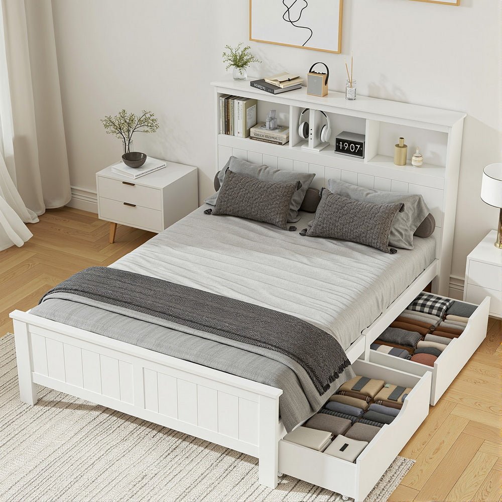 Bed Frame Double Size Wooden with 3 Shelves Bed Head White - Furniture > Bedroom > Beds & Bed Frames - Rivercity House & Home Co. (ABN 18 642 972 209) - Affordable Modern Furniture Australia