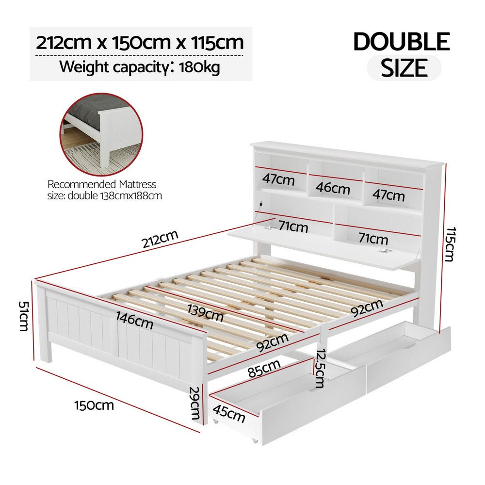 Bed Frame Double Size Wooden with 3 Shelves Bed Head White - Furniture > Bedroom > Beds & Bed Frames - Rivercity House & Home Co. (ABN 18 642 972 209) - Affordable Modern Furniture Australia