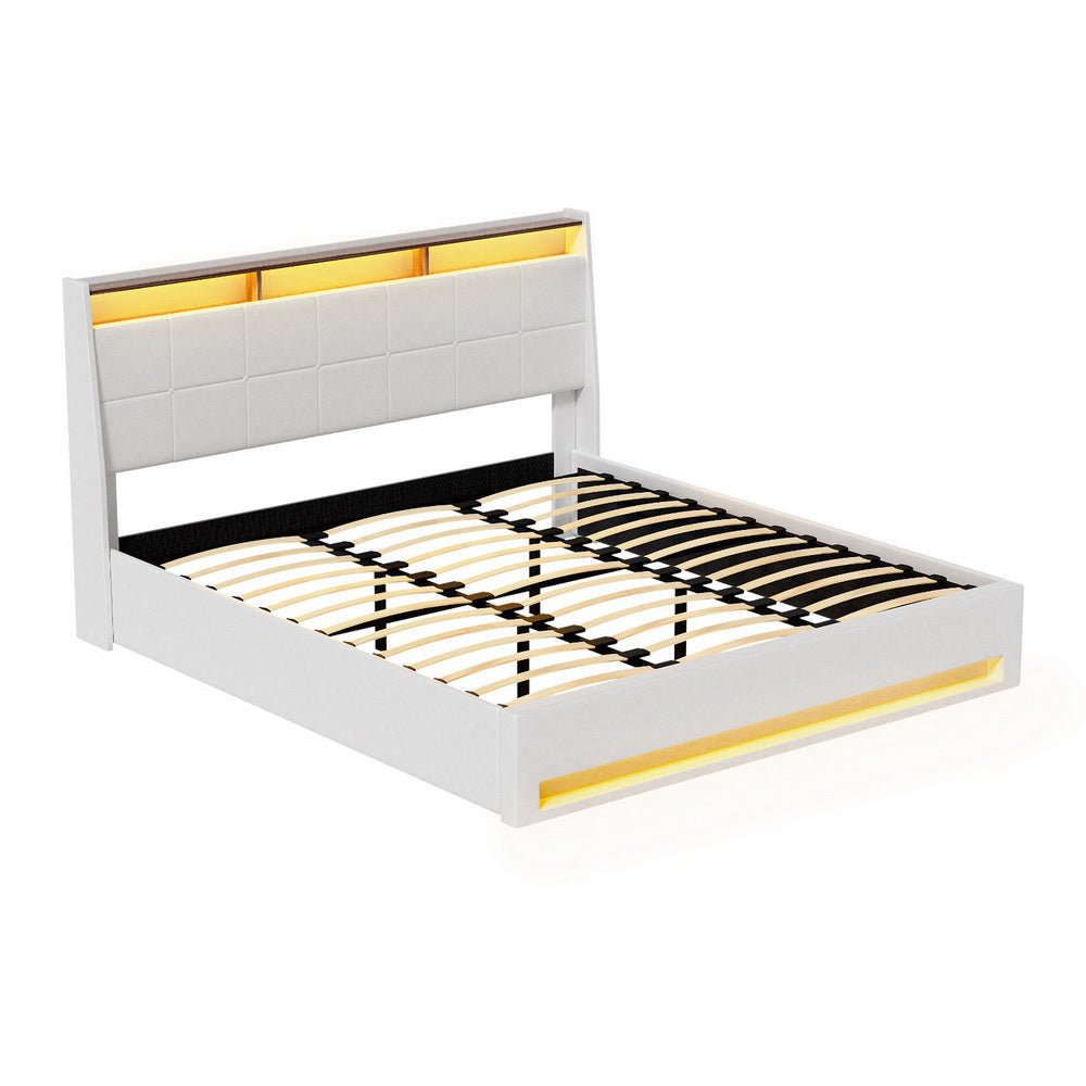 Bed Frame Gas Lift LED Beds Base Platform White PVC Leather Storage Headboard - King - Furniture > Bedroom > Beds & Bed Frames - Rivercity House & Home Co. (ABN 18 642 972 209) - Affordable Modern Furniture Australia