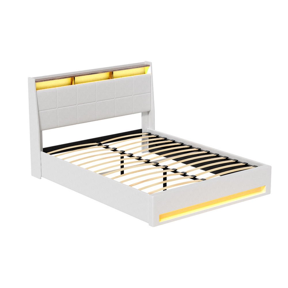 Bed Frame Gas Lift LED Beds Base Platform White PVC Leather Storage Headboard - Queen - Furniture > Bedroom > Beds & Bed Frames - Rivercity House & Home Co. (ABN 18 642 972 209) - Affordable Modern Furniture Australia