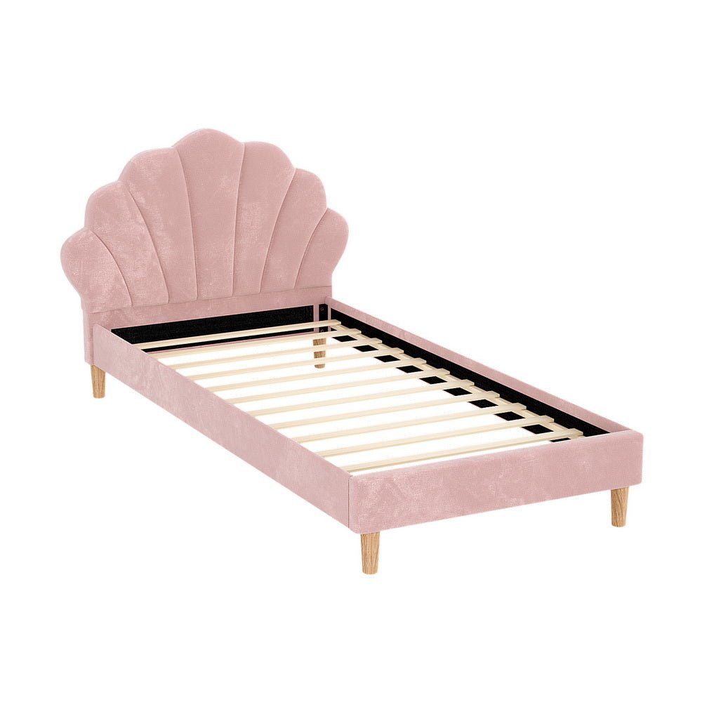 Bed Frame King Single Size Scallop - Shape Bedhead Beds Base Pink Velvet Fabric - Furniture > Bedroom > Beds & Bed Frames - Rivercity House & Home Co. (ABN 18 642 972 209) - Affordable Modern Furniture Australia