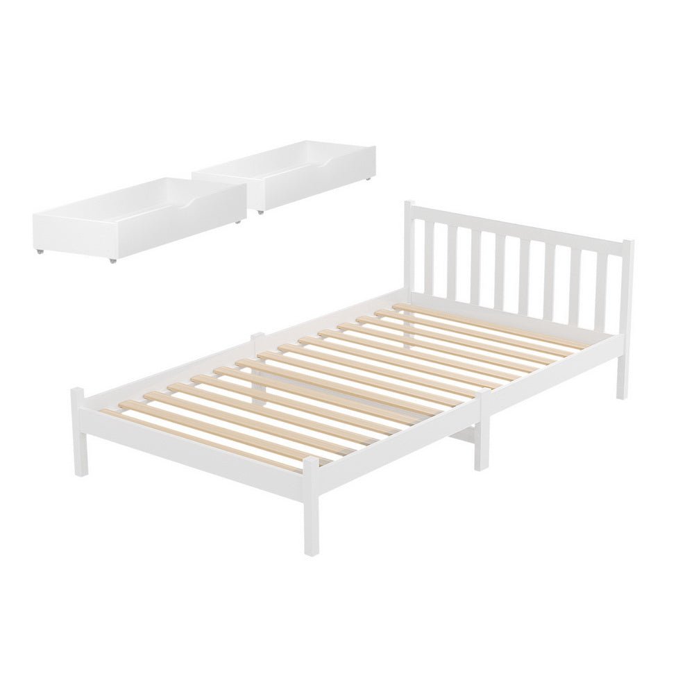 Bed Frame King Single Size Wooden Platform with 2 Storage Drawers White - Furniture > Bedroom > Beds & Bed Frames - Rivercity House & Home Co. (ABN 18 642 972 209) - Affordable Modern Furniture Australia