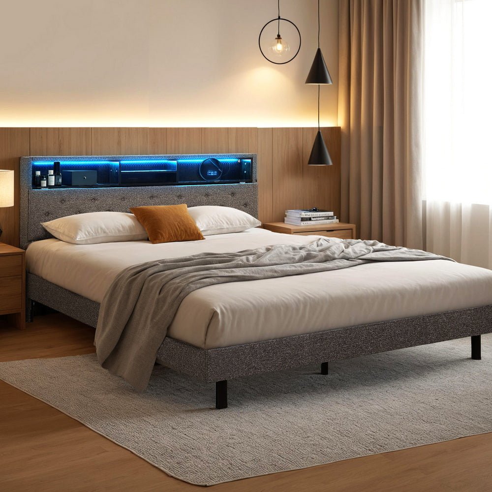 Bed Frame Queen Size LED Mattress Base Platform with Storage Shelf Hidden Storage Box Grey - Furniture > Bedroom > Beds & Bed Frames - Rivercity House & Home Co. (ABN 18 642 972 209) - Affordable Modern Furniture Australia