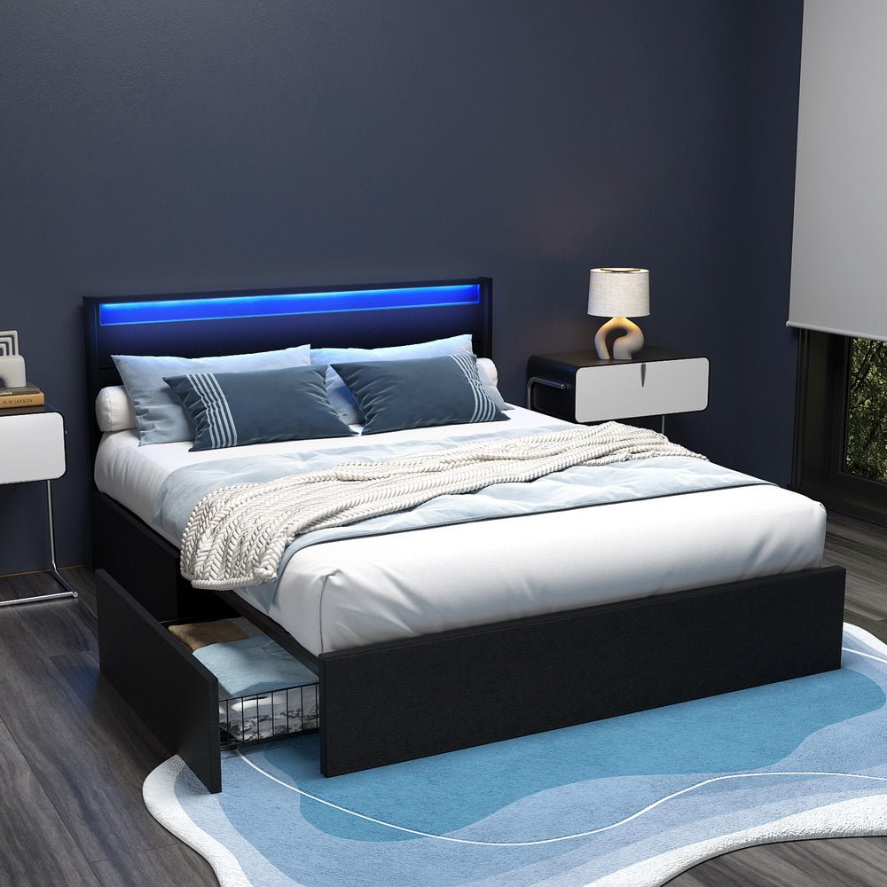 Bed Frame Queen Size LED with 4 Drawers Black DUNN - Furniture > Bedroom > Beds & Bed Frames - Rivercity House & Home Co. (ABN 18 642 972 209) - Affordable Modern Furniture Australia